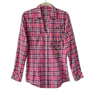 Rock 47 by Wrangler Womens M Western Shirt Pearl Snap Pockets Plaid Embroidered